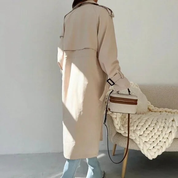 Khaki Elegant Women's Cinched Waist Double Breasted Mid-Length Trench Coat - Picture 5 of 8